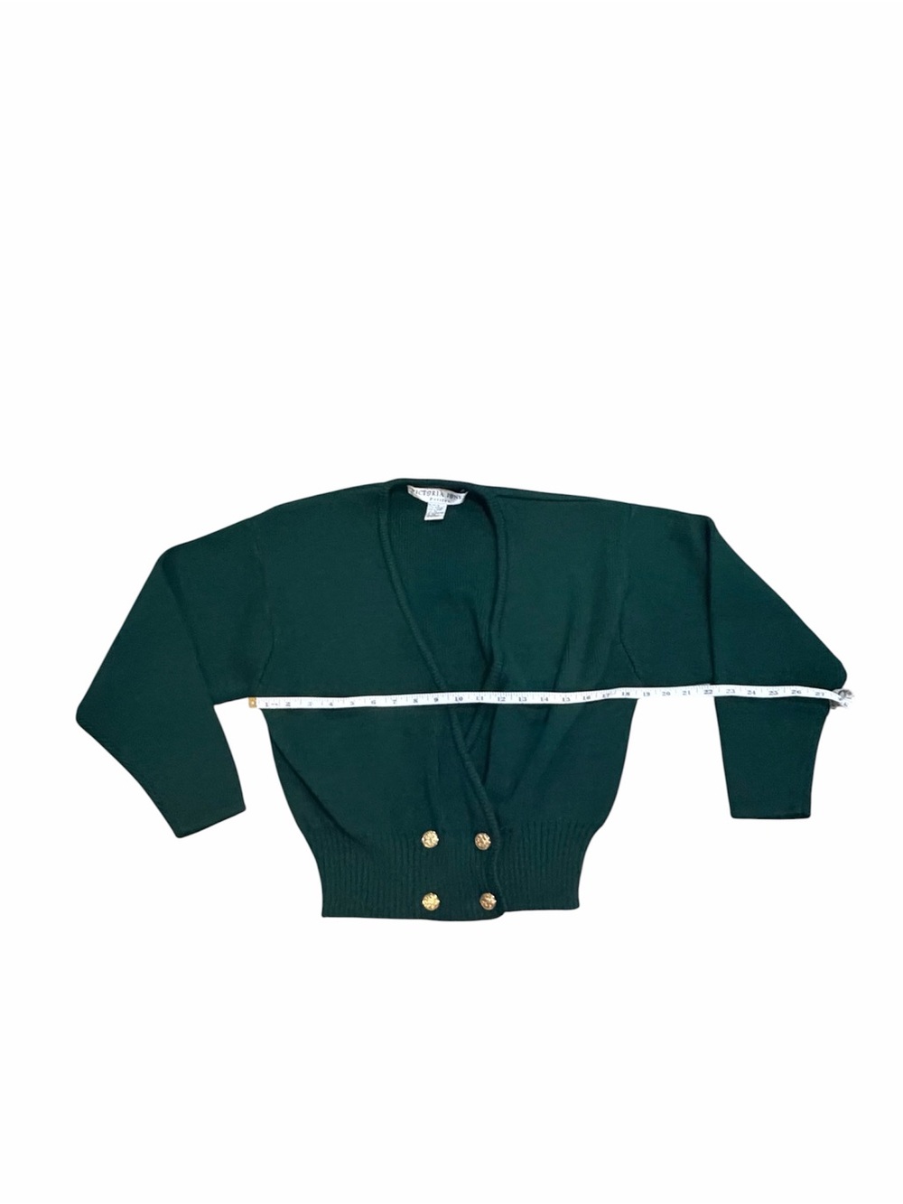 Victoria Jones Dark Green Gold Button Cropped Cardigan Sweater Petite Medium